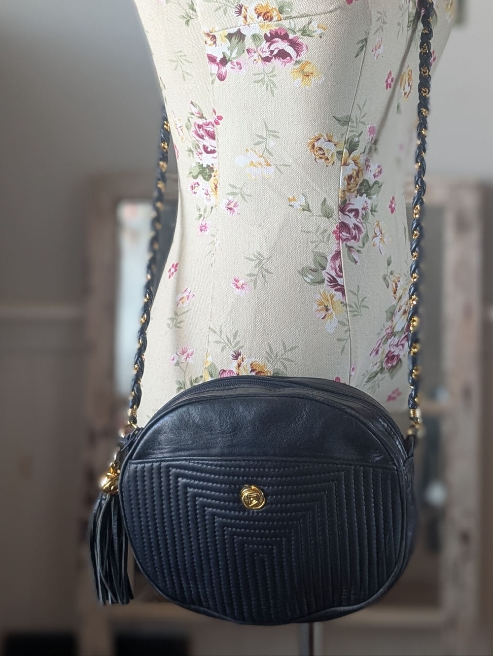 Benchmade Leatherworks Women's Black Quilted Leather Crossbody Bag with Tassel